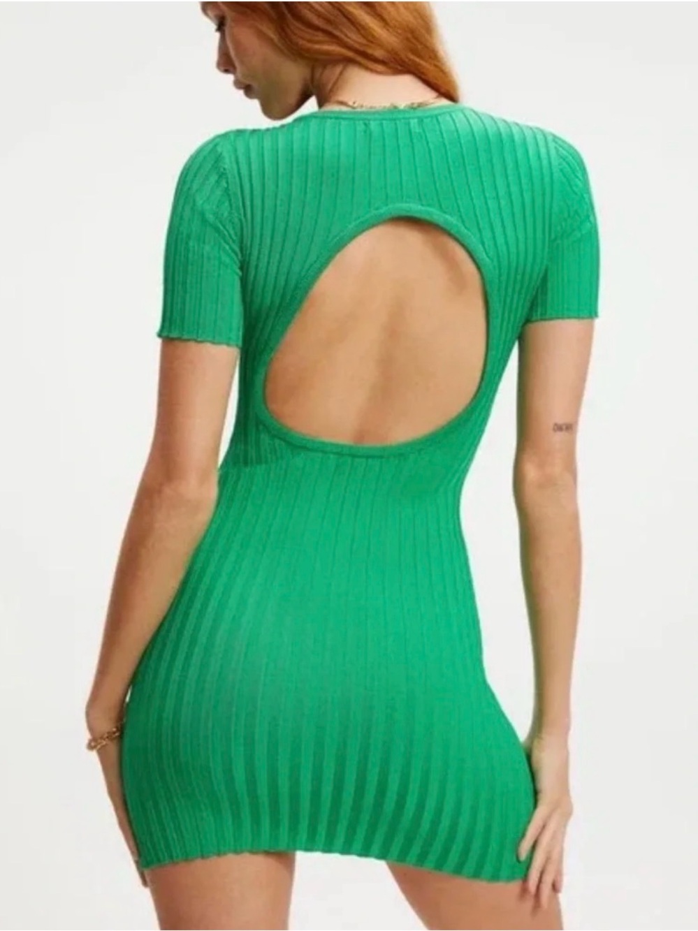 Green Ribbed Short Sleeve Mini Dress with Back Cutout good America